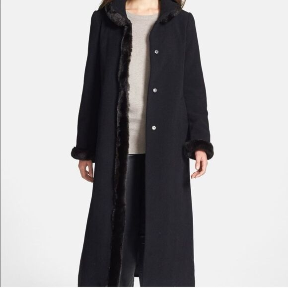 Ellen Tracy Long Black Wool Blend Coat withh faux fur trim - Picture 3 of 14